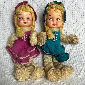 Vintage yarn dolls with plastic two face 10”